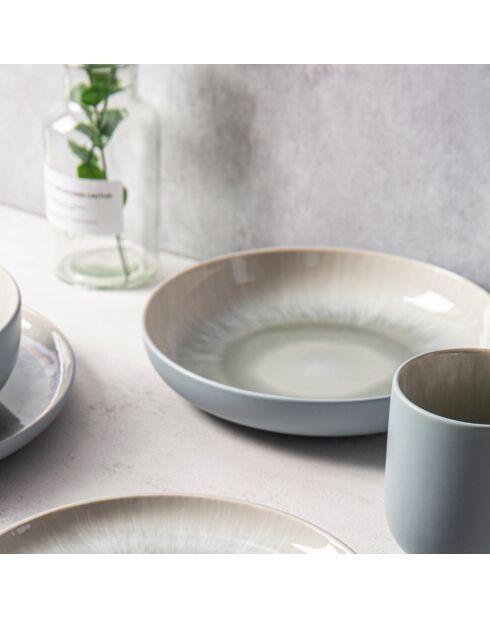 6 platos hondos de gres reactivo con iris azul/gris, 22 cm de diámetro