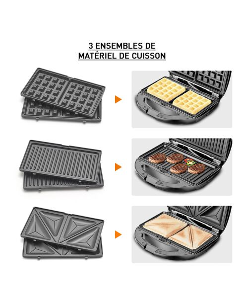 Apparecchio elettrico 3 in 1 (Waffles - Croque Moniser - Grill) nero/argento - 25x24x14,4 cm