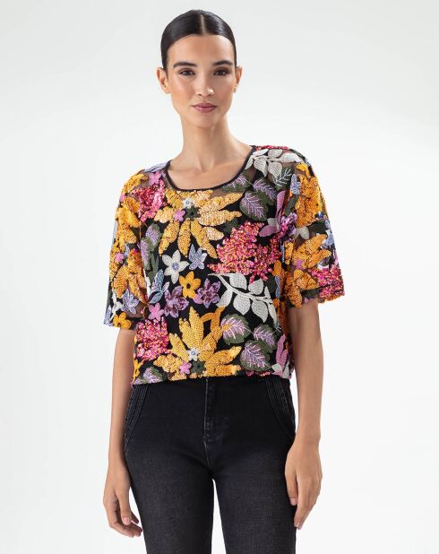 Elegance top zwart/geborduurde bloemen