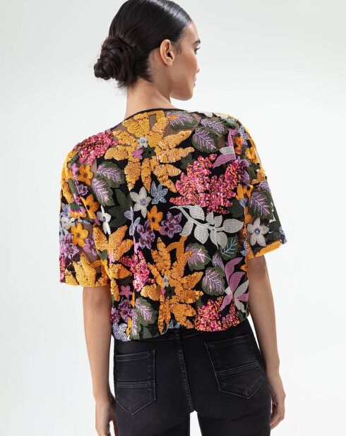 Elegance top zwart/geborduurde bloemen