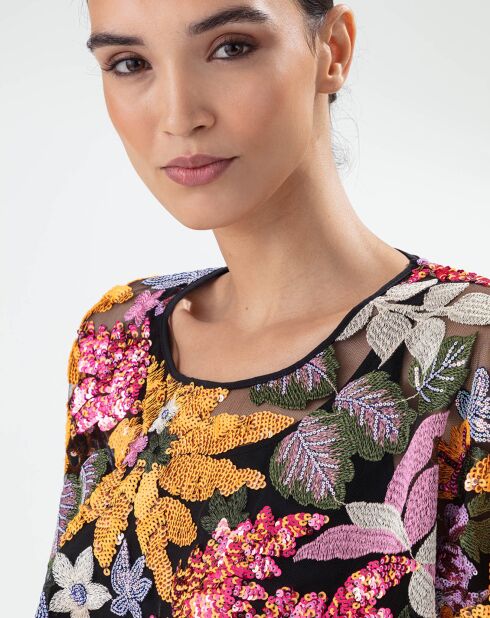 Elegance top zwart/geborduurde bloemen