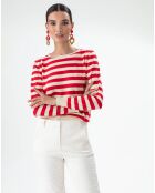 Pull Feline rayures vanille/vermillon