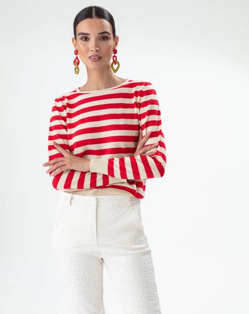 Pull Feline rayures vanille/vermillon
