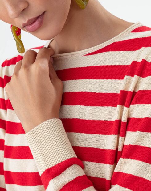 Pull Feline rayures vanille/vermillon
