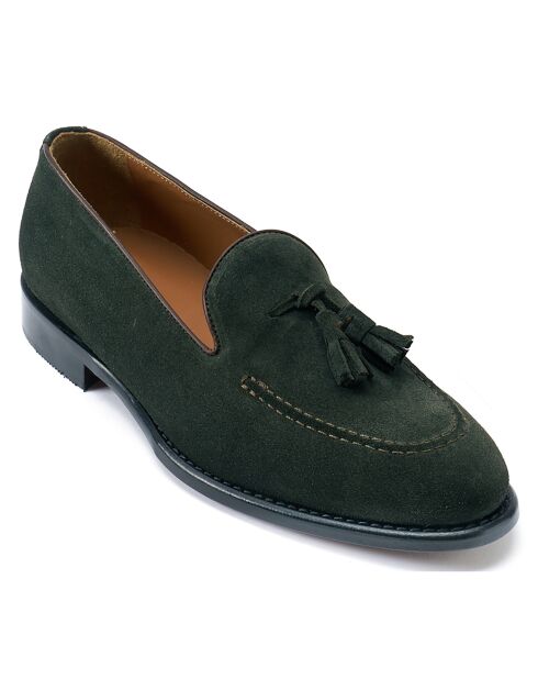 Groene leren instappers van fluweel met kwastjes