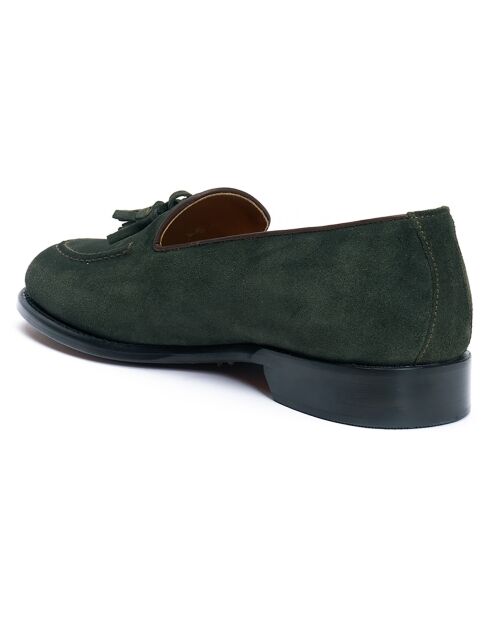 Groene leren instappers van fluweel met kwastjes