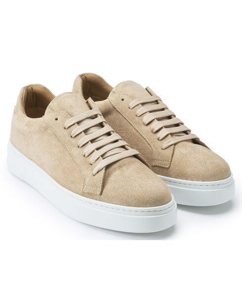 Beigefarbene klassische Sneakers aus Samtleder mit Schnürung