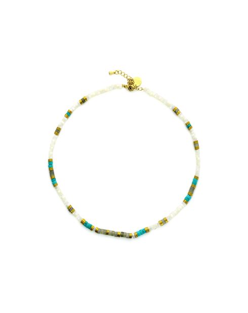 Collier Mila  blanc, turquoise, gris, doré