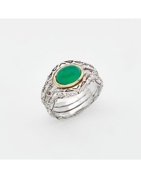 Bague Triple en Argent et Laiton, Onyx verte