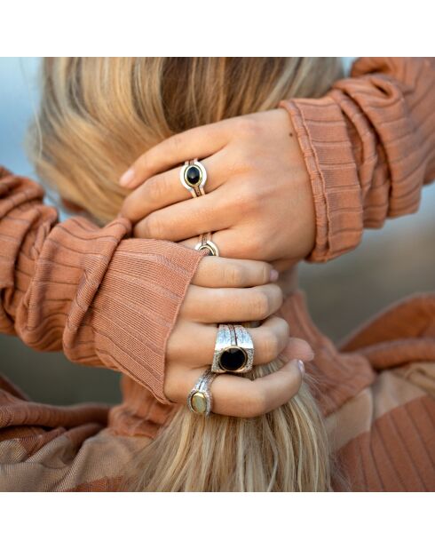 Bague Triple en Argent et Laiton, Onyx verte