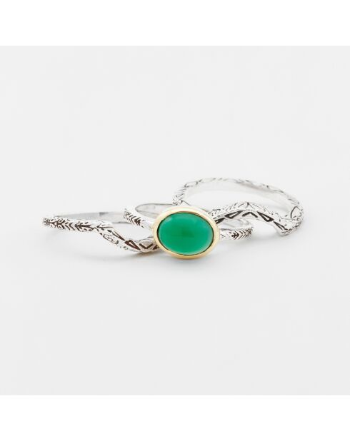Bague Triple en Argent et Laiton, Onyx verte