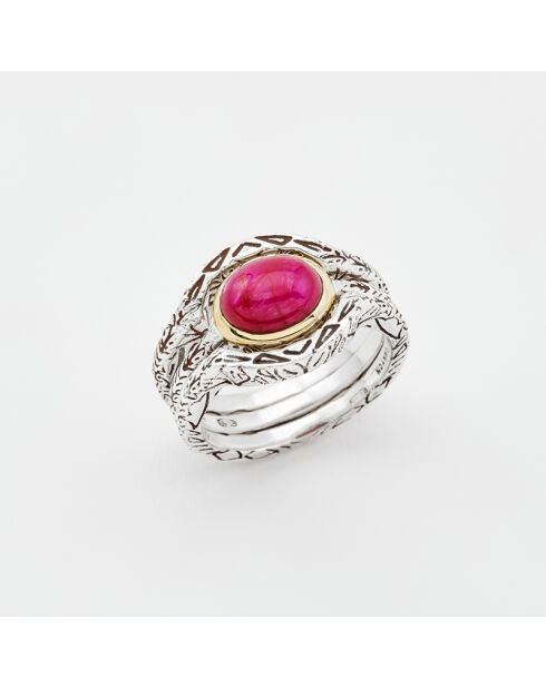 Bague Triple en Argent et Laiton, Sillimanite rouge