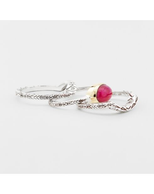 Bague Triple en Argent et Laiton, Sillimanite rouge