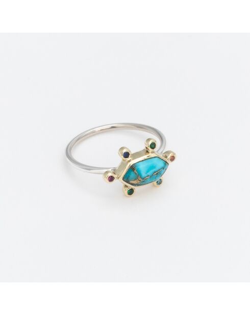 Bague Argent et Laiton, Turquoise bleue