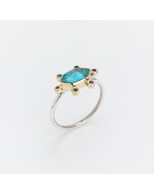 Bague Argent et Laiton, Turquoise bleue