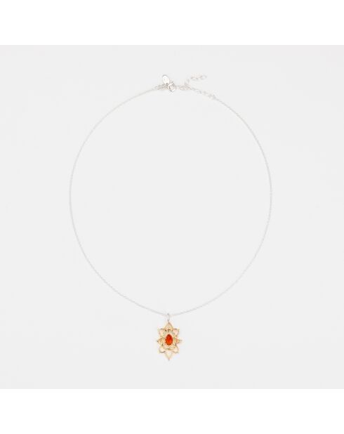 Halsketting in zilver en messing met Hanie oranje getint glas