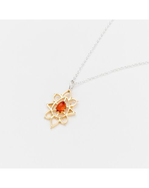 Halsketting in zilver en messing met Hanie oranje getint glas