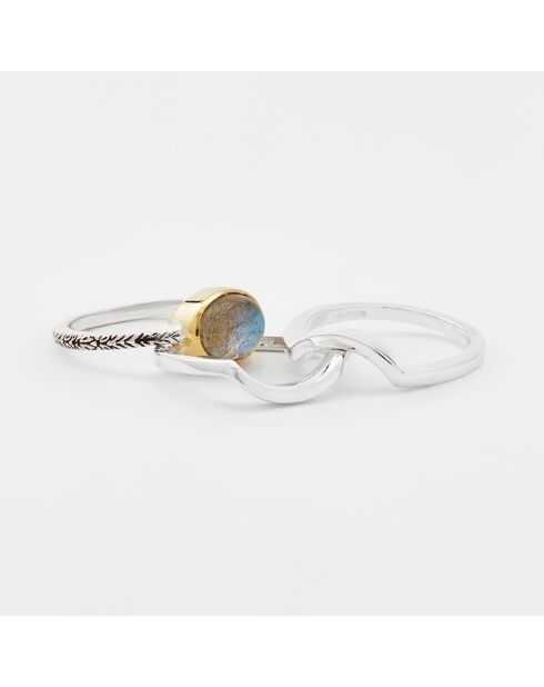 Bague Triple Argent et Laiton, Labradorite gris/jaune