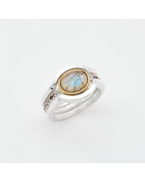 Bague Triple Argent et Laiton, Labradorite gris/jaune