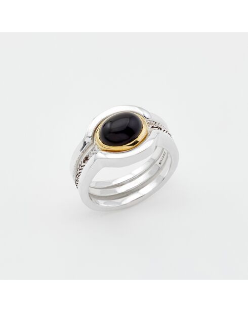 Bague Triple Argent et Laiton, Onyx noire