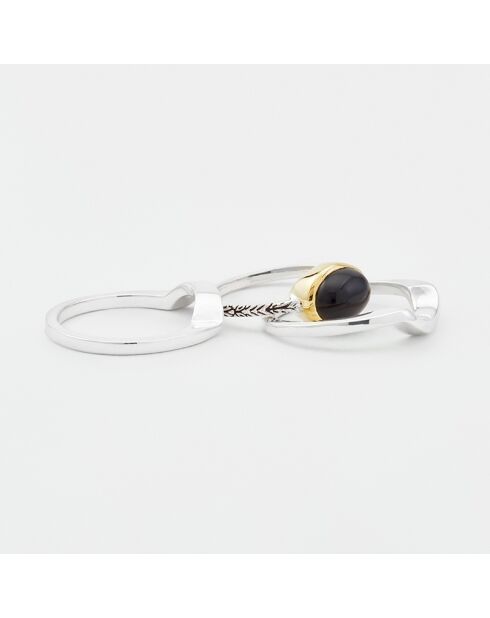 Bague Triple Argent et Laiton, Onyx noire