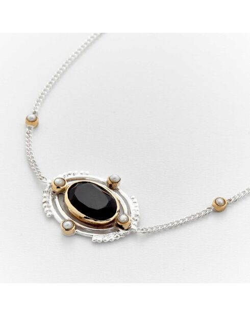 Pulsera Flavie de plata y latón con ónix negro y perla blanca sintética