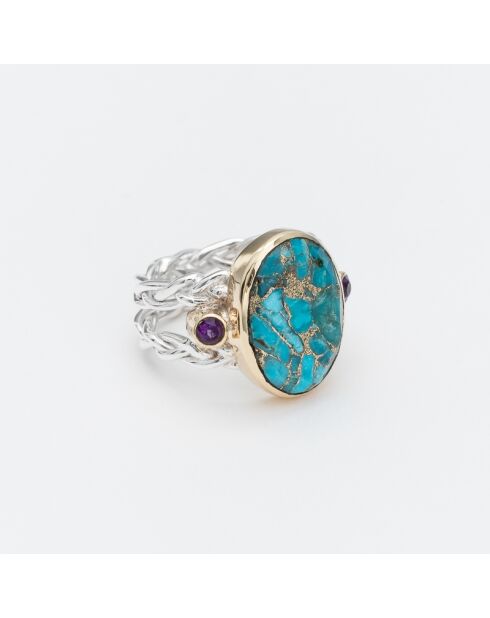 Bague Argent et Laiton, Turquoise bleue