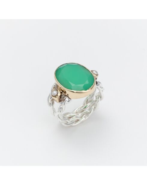 Bague Argent et Laiton, Chrysoprase verte