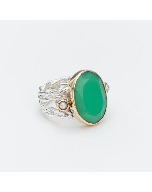 Bague Argent et Laiton, Chrysoprase verte
