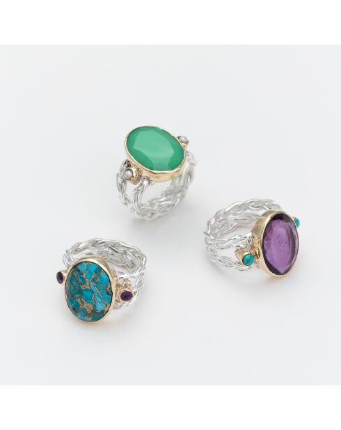Bague Argent et Laiton, Chrysoprase verte
