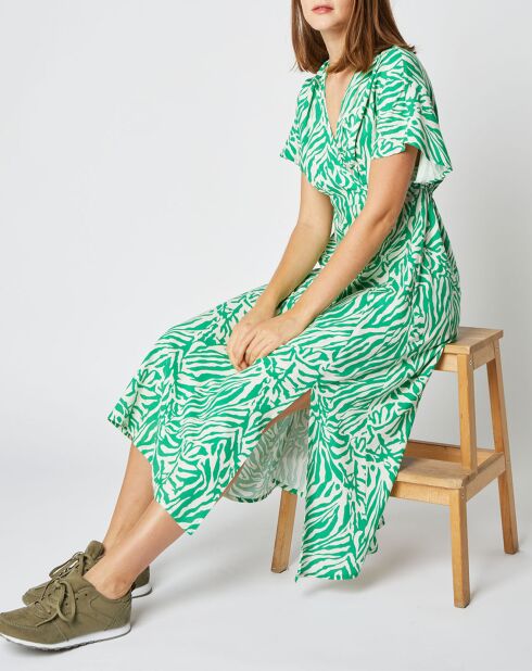 Camille groen/witte halflange jurk met overslag