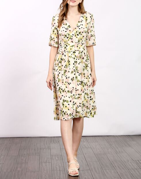 Robe Nina imprimée vert/écru/rose