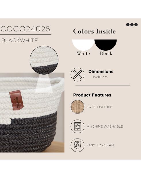 Panier 100% Jute Coco noir/blanc - 10x10x15 cm