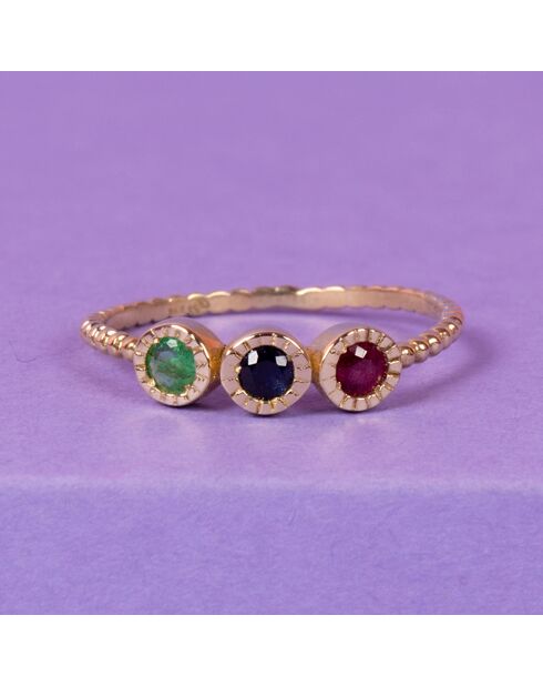Bague Trio précieux Rubis, Saphir, Emeraude 0.11 ct or jaune