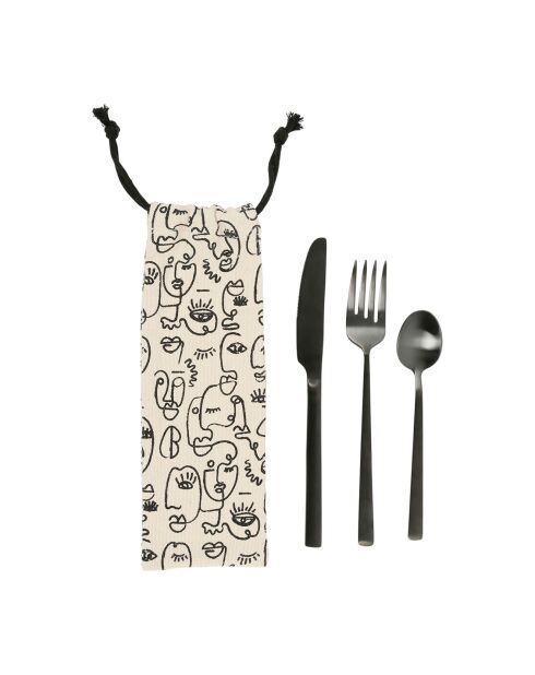 Set Pochette et 3 Couverts Terre Brulé écru/noir