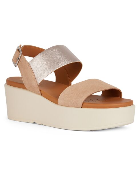 Keilsandalen aus dunkelgoldenem Sandfleisch-Leder - 6 cm Absatz