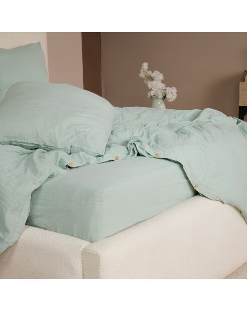 Drap Housse 100% Gaze de Coton Lavé - Bonnet 30 cm  vert givrée