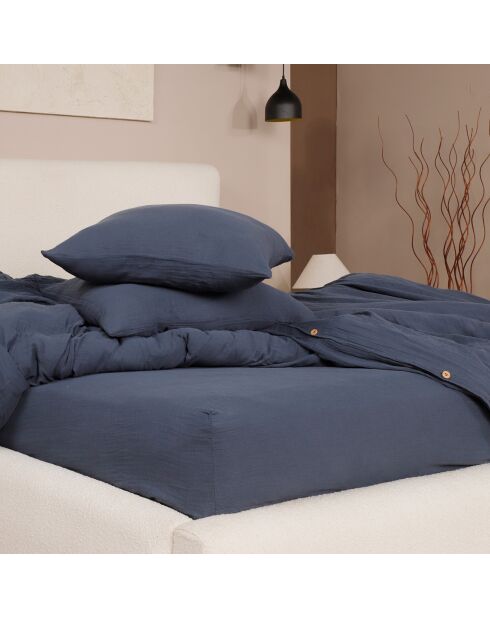Drap Housse 100% Gaze de Coton Lavé - Bonnet 30 cm  bleu petrole
