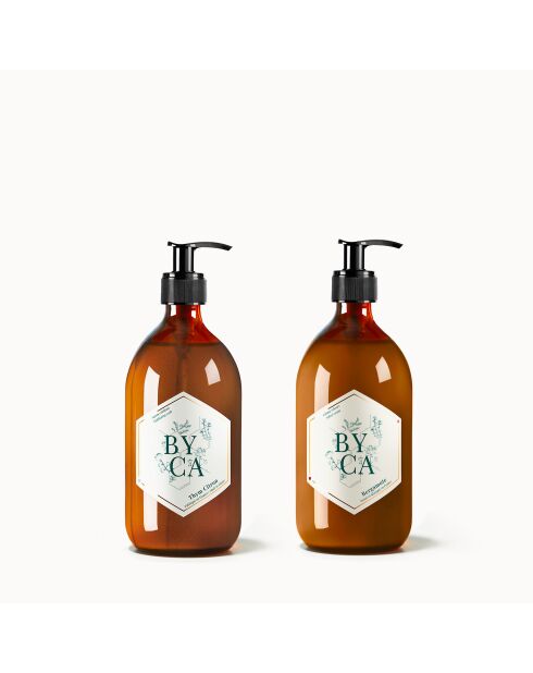 Duo Crème velours et Savon exfoliant - Flacons en verre 480ml - Senteur Bergamote et Thym citron