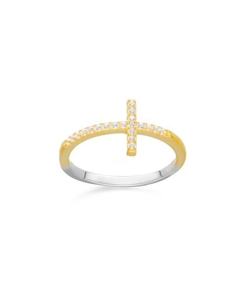 Bague Croix Pavée en Argent doré & Oxydes De Zirconium