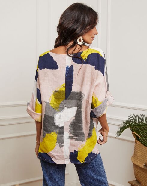 Rosafarbene Krikbluse aus 100% Leinen