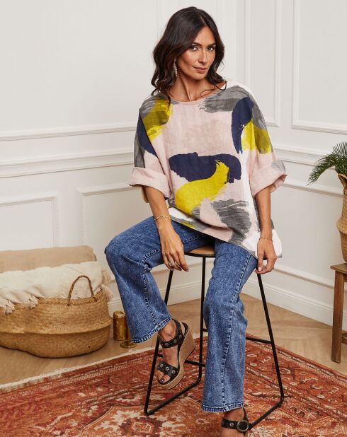 Rosafarbene Krikbluse aus 100% Leinen