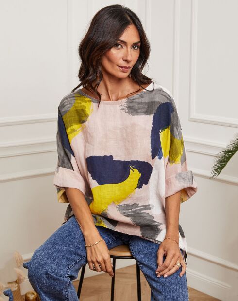 Rosafarbene Krikbluse aus 100% Leinen