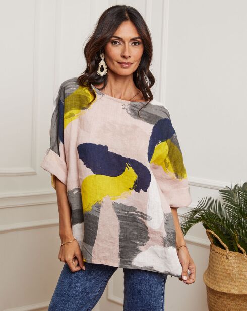 Rosafarbene Krikbluse aus 100% Leinen