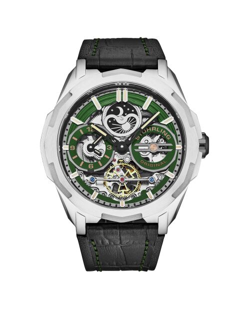 Schwarze automatische Navigator-Doppelspindel-Lederuhr für Herren