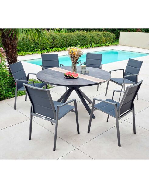 Ensemble rond Carmel Table + 6 fauteuils anthracite