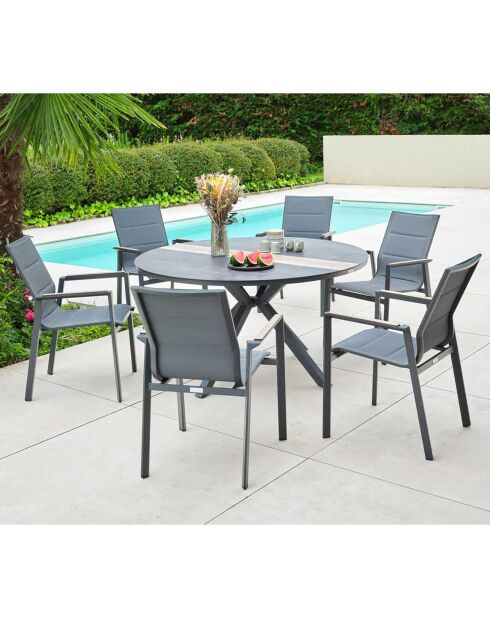 Ensemble rond Carmel Table + 6 fauteuils anthracite