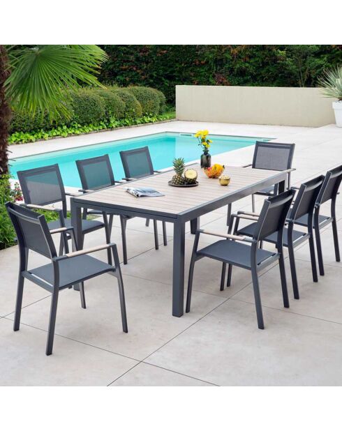 Ensemble Oleron Table + 8 fauteuils bois/gris
