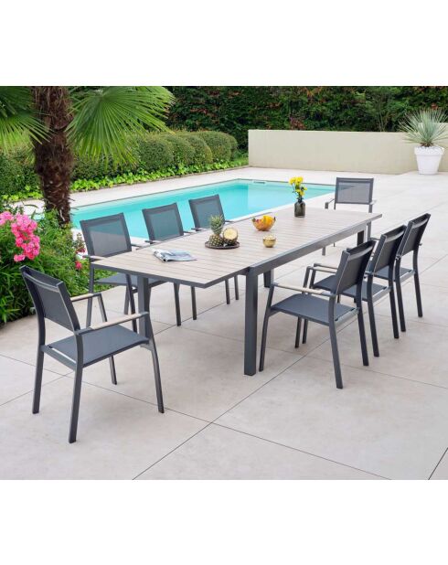 Ensemble Oleron Table + 8 fauteuils bois/gris