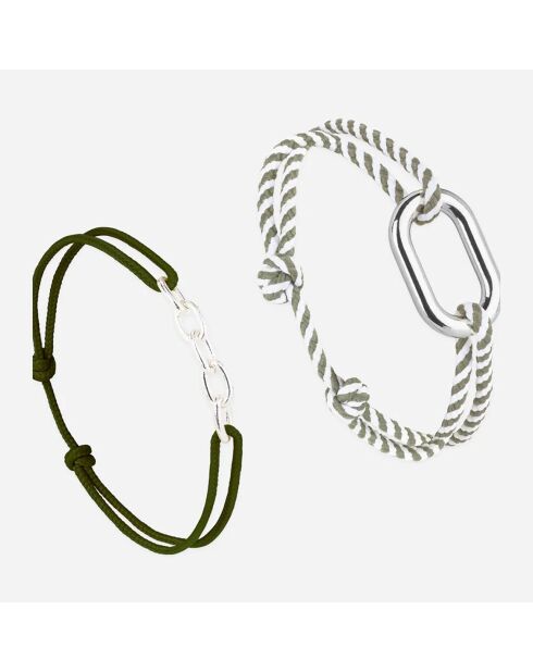 2 Bracelets Ressac + Jonque en plaqué Argent kaki/ blanc